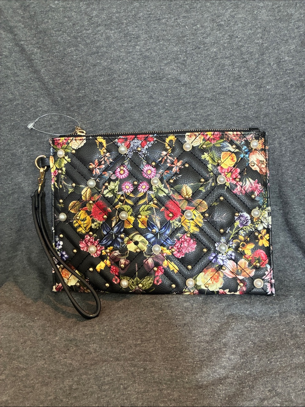 INC International Concepts Black Floral Quilted Wristlet with Pearl Accents